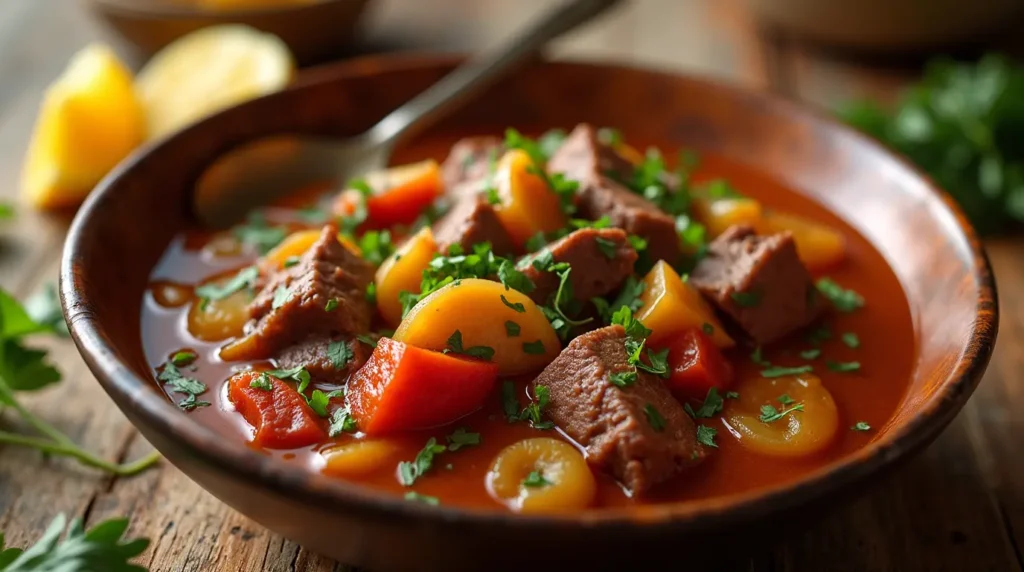 A bowl of tender beef stew with chunks of beef, carrots, potatoes, and a rich, savory broth, garnished with fresh parsley.