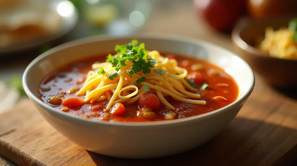 Bowl of Taco Soup Frios garnished with tortilla strips, shredded cheese, and sour cream.