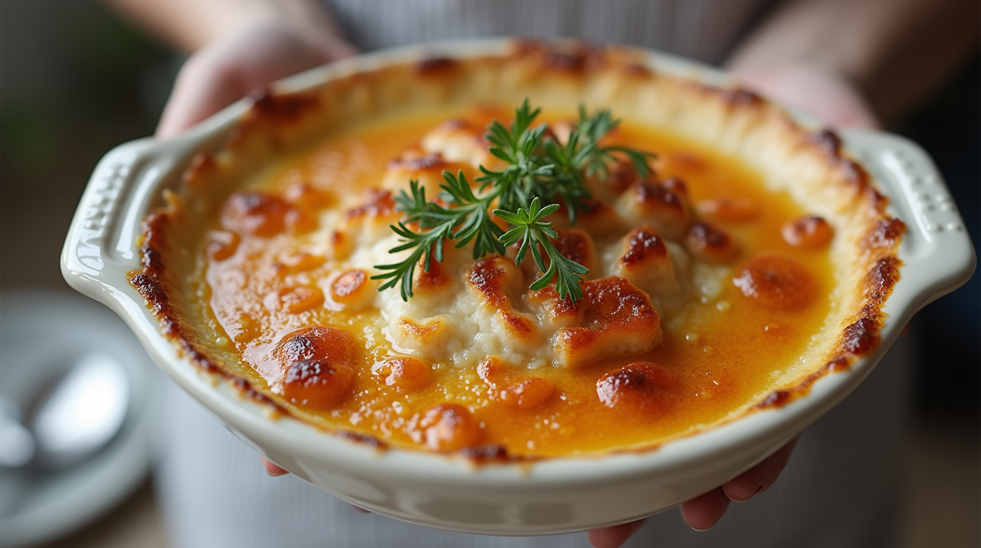 A ramekin of crème brûlée with a perfectly caramelized sugar crust, served alongside a small pitcher of heavy cream and fresh vanilla pods.