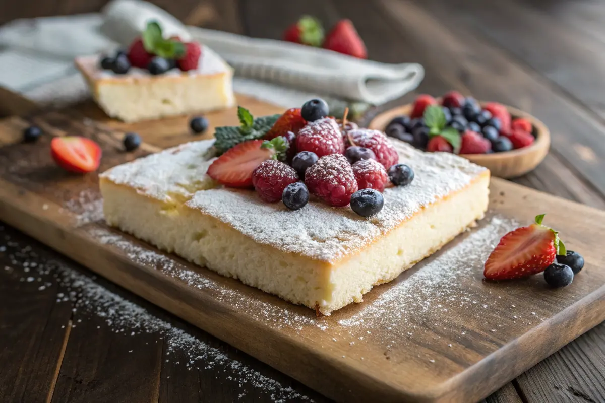 Kefir Sheet Cake card with fresh fruit garnish, perfect for baking enthusiasts.