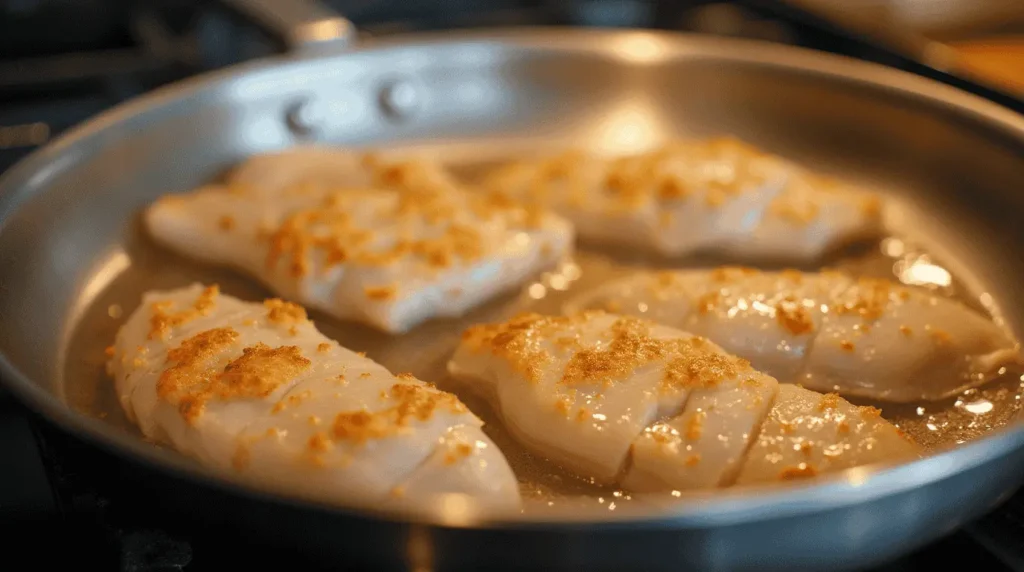 Thin sliced chicken breast cooking in a pan with butter