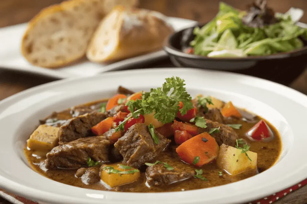 Plated Beef Stew with tender meat, vegetables, and garnish.