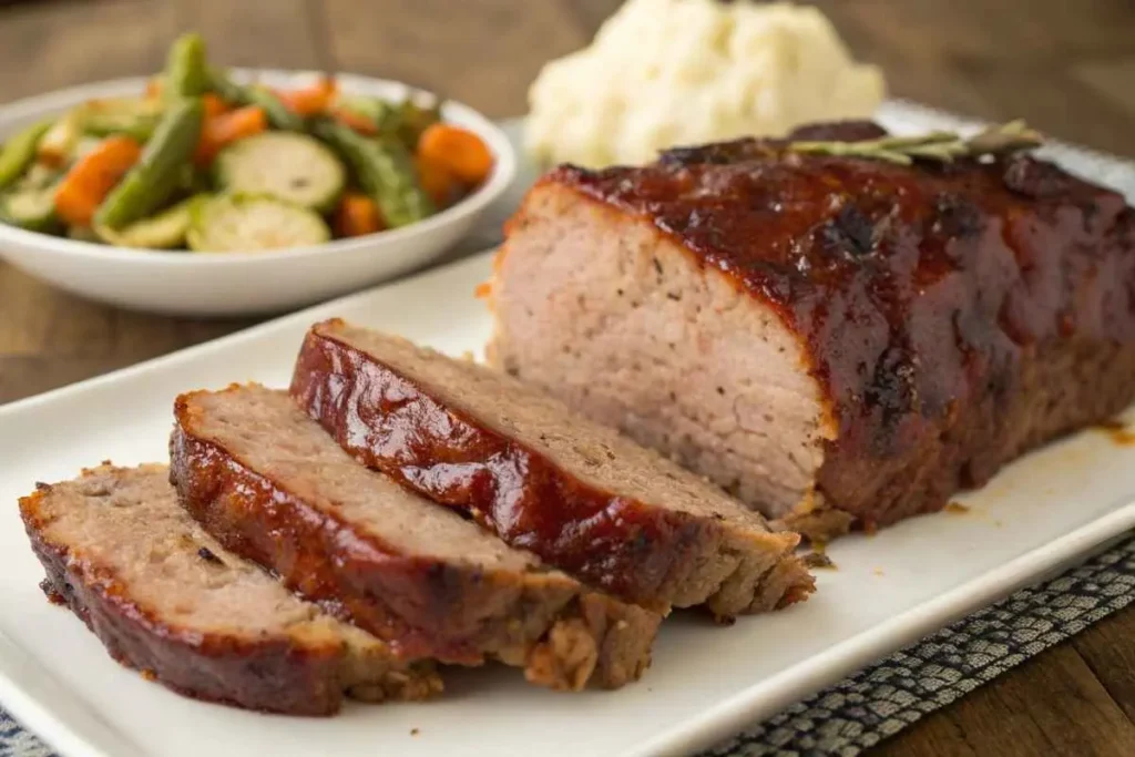  A slice of Smoked Meatloaf with a glossy glaze served alongside mashed potatoes.