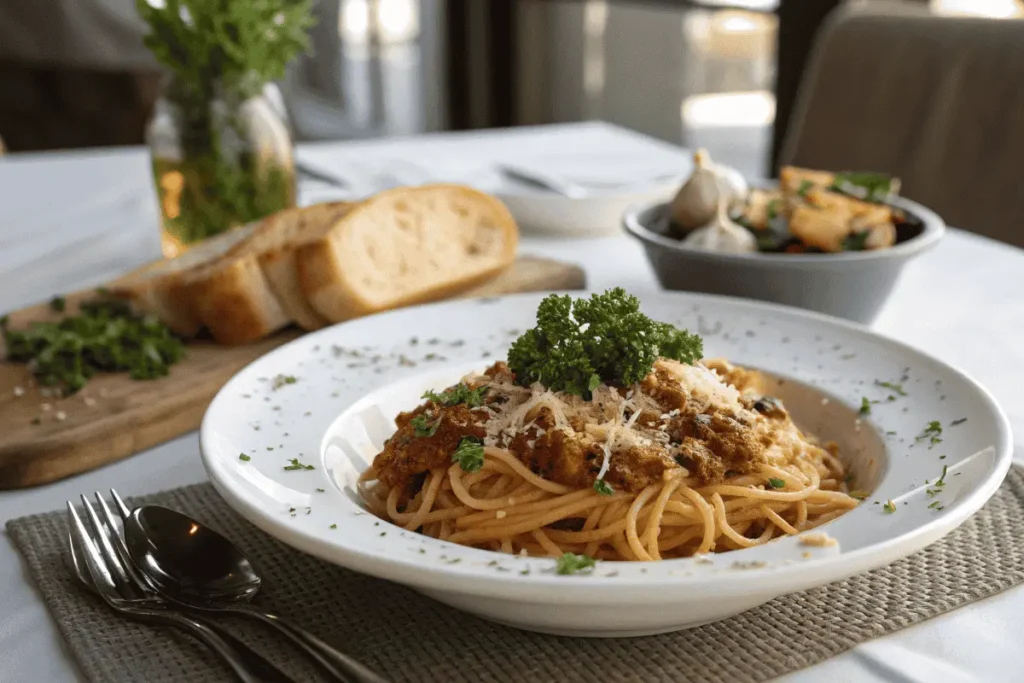 Plated Pasta Weesie Recipe with garnish and side options.