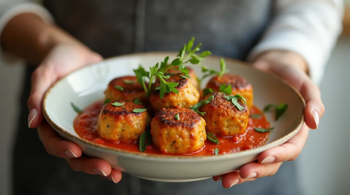 A plate of Marry Me Chicken Meatballs served in a creamy sauce with sun-dried tomatoes and fresh basil, garnished with Parmesan cheese.