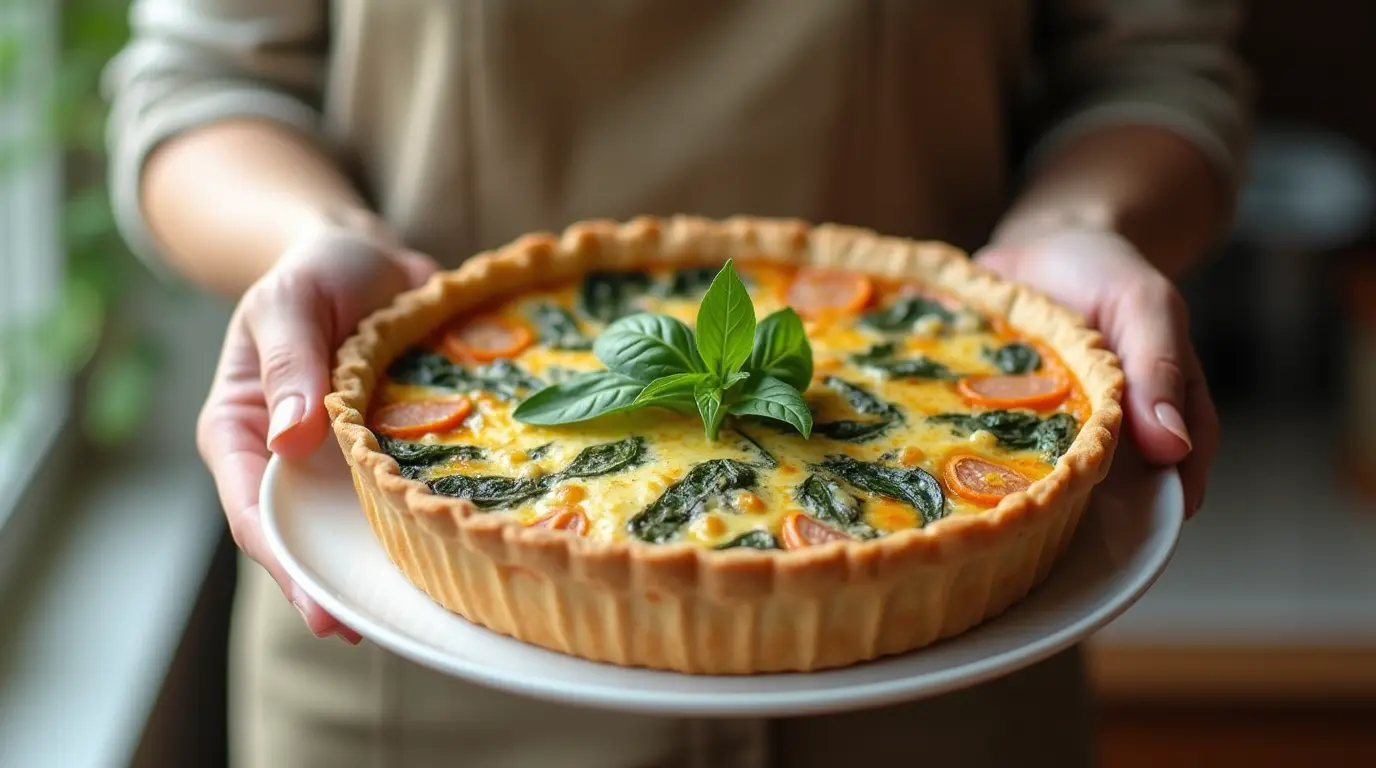 A golden-brown spinach and ham quiche with a flaky crust, sliced to reveal its creamy filling, served on a wooden table.