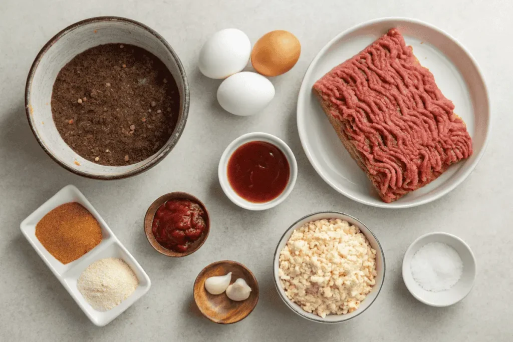 Ingredients for making Smoked Meatloaf, including ground beef, BBQ sauce, and seasonings.