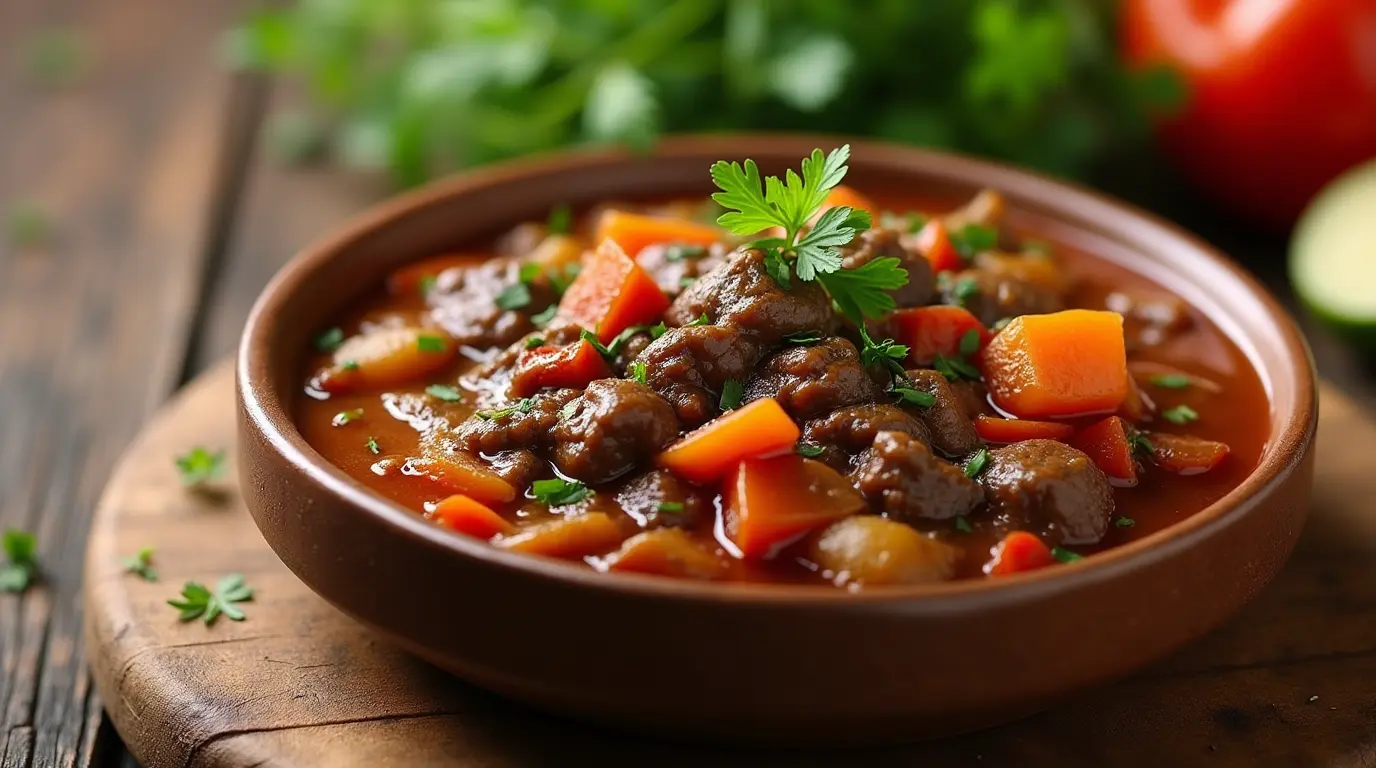 A hearty beef stew in a pot, filled with tender beef chunks, carrots, potatoes, and celery in a rich, savory broth, accompanied by step-by-step images showing preparation, sautéing, and simmering.