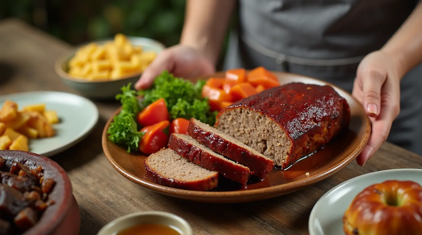 A close-up of a freshly baked meatloaf, sliced to reveal its juicy interior, served on a wooden board with a side of mashed potatoes and green beans.