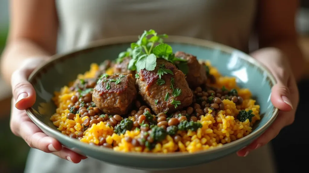 A vibrant dish featuring tender lamb pieces, lentils, rice, and sautéed spinach, served in a bowl and garnished with fresh herbs and a wedge of lemon.