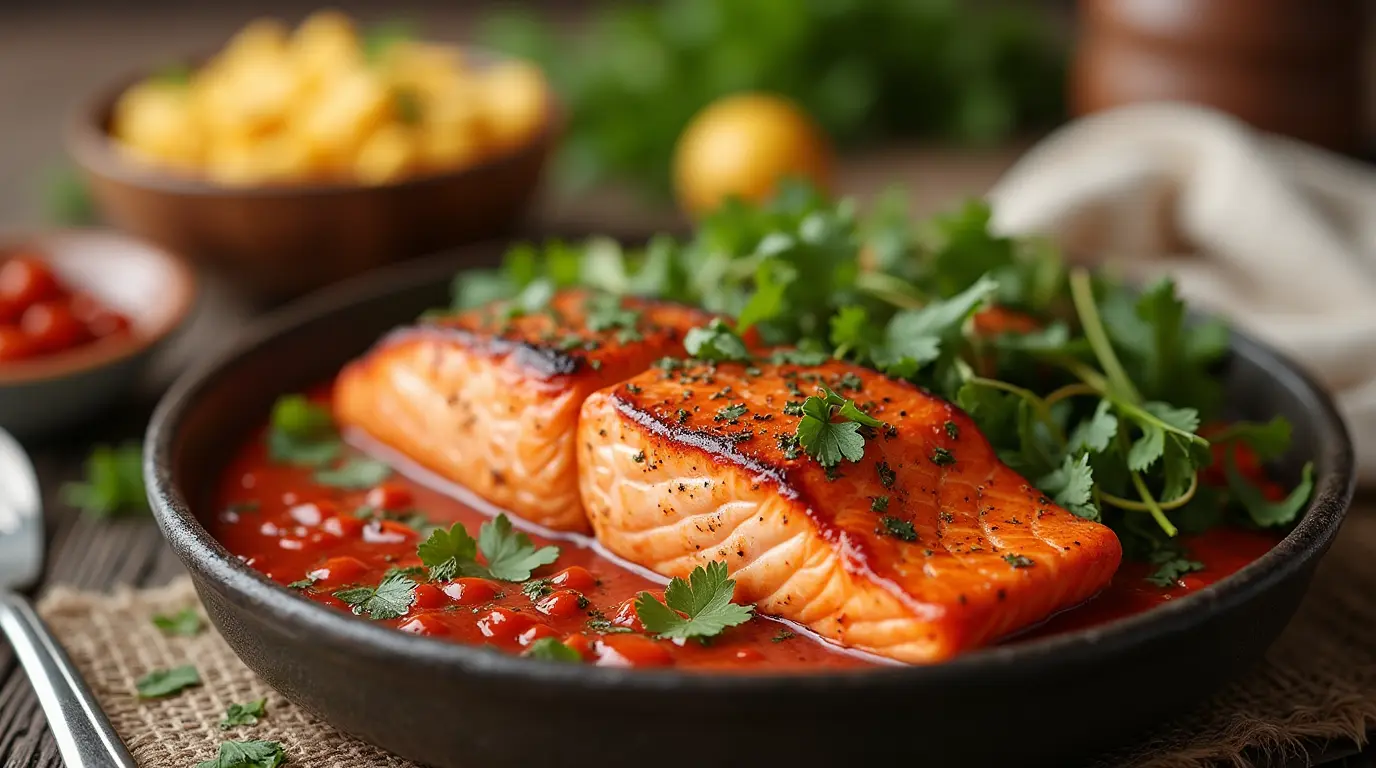 A beautifully plated Moroccan salmon dish, featuring a golden-seared salmon fillet topped with a vibrant blend of spices and herbs, garnished with fresh cilantro and a wedge of lemon. The dish is accompanied by a side of fluffy couscous and colorful roasted vegetables, all set on a rustic wooden table.