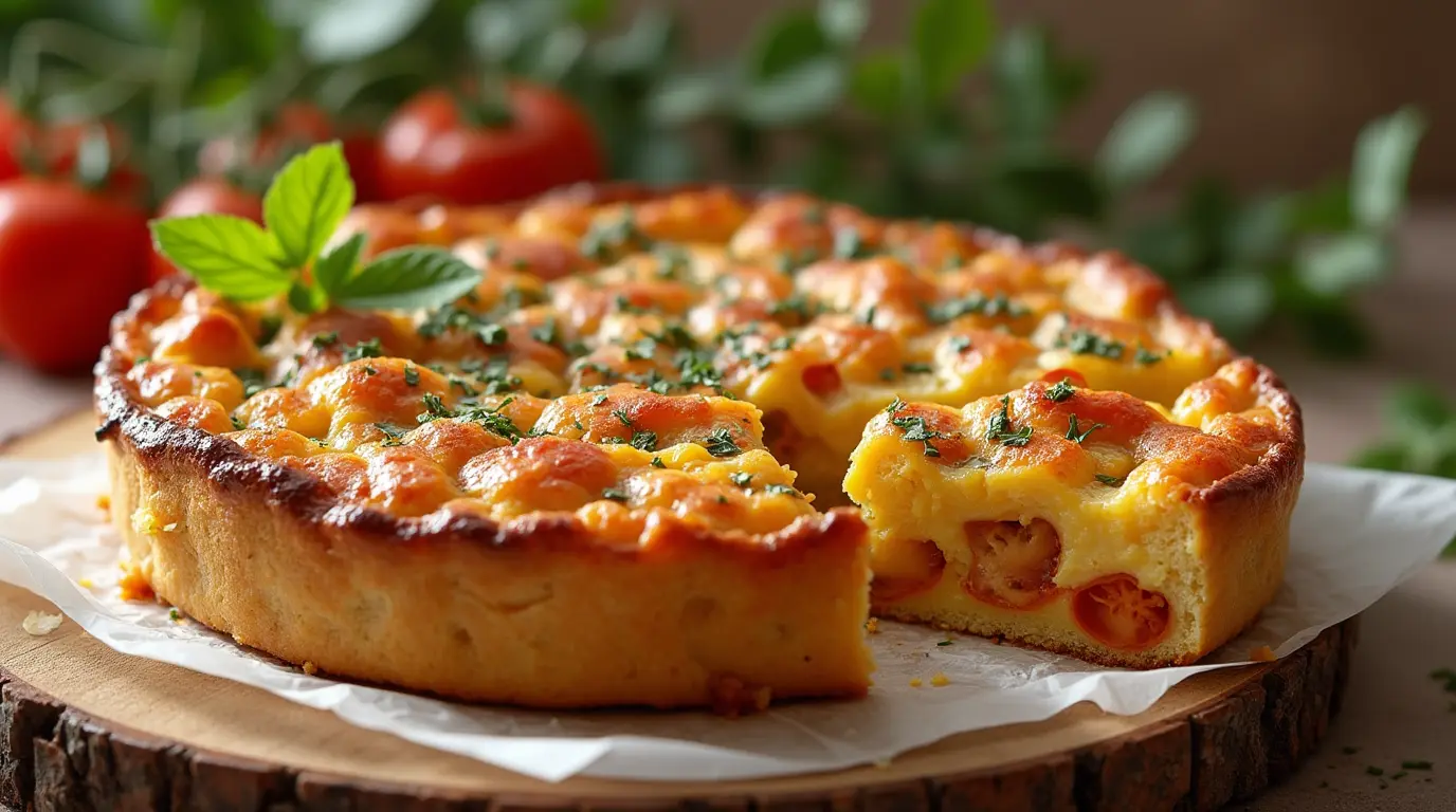 Golden-brown Pizza Rustica with a flaky crust, filled with layers of meats, cheeses, and eggs, served on a wooden board with fresh basil garnish.