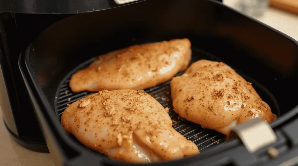Raw chicken breasts seasoned and placed in an air fryer