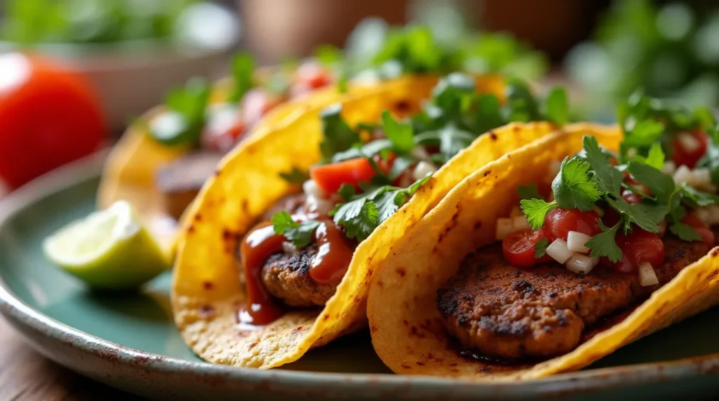 Close-up of smash burger tacos filled with seasoned ground beef, melted cheese, sautéed onions, and peppers, served in warm tortillas.