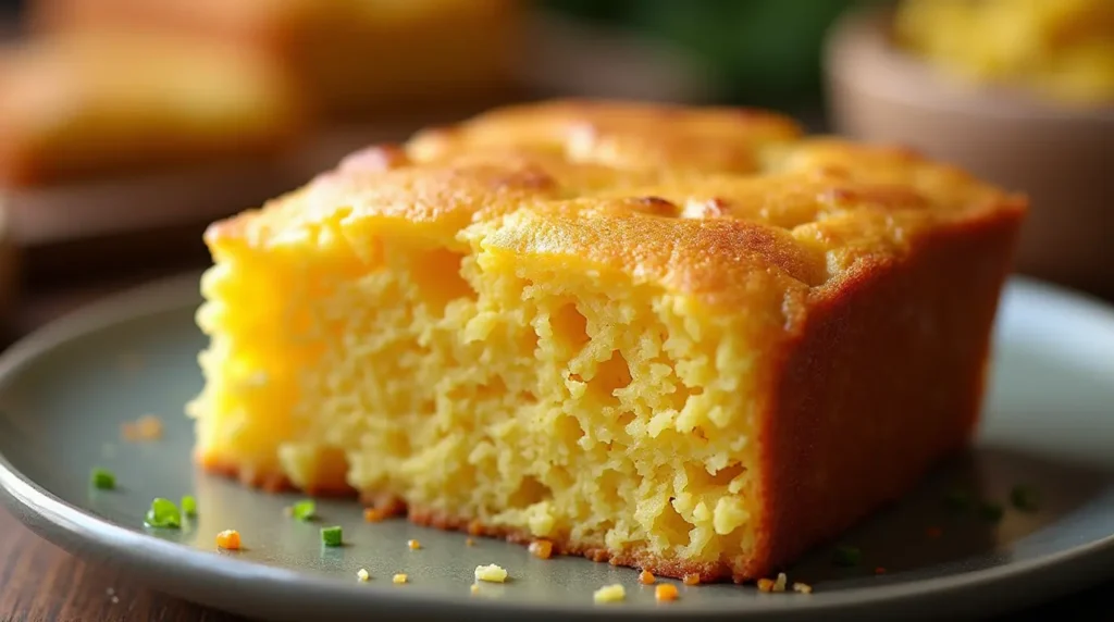 A freshly baked skillet of golden-brown Southern cornbread, with a crisp crust and a moist, fluffy interior, placed on a wooden table surrounded by ingredients like cornmeal, buttermilk, and butter.