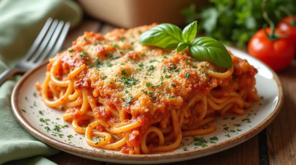 A cheesy spaghetti casserole fresh from the oven, featuring layers of spaghetti, ground beef, marinara sauce, and melted cheese, garnished with parsley in a baking dish.