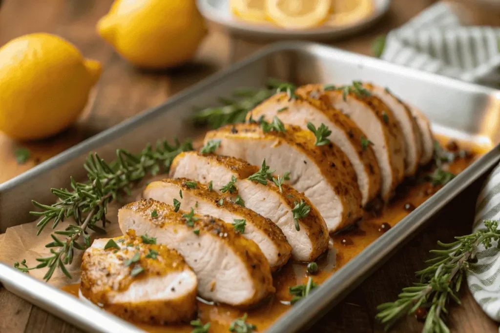 Baked thin sliced chicken breast on a sheet pan