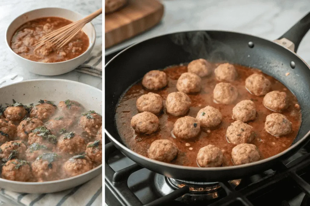 Step-by-step process of cooking frozen meatballs