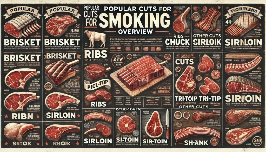 An infographic highlighting various beef cuts ideal for smoking, including brisket, ribs, chuck, sirloin, and specialty cuts like picanha, tri-tip, and shank. The image features raw and cooked illustrations of each cut, along with descriptive text and cooking tips.