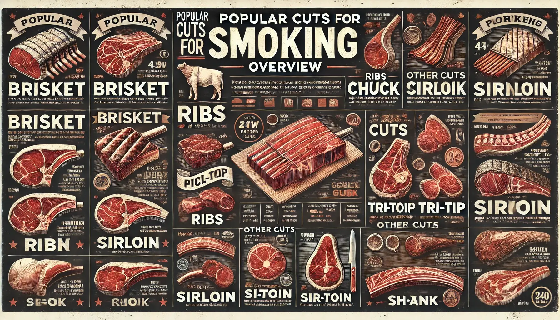 An infographic highlighting various beef cuts ideal for smoking, including brisket, ribs, chuck, sirloin, and specialty cuts like picanha, tri-tip, and shank. The image features raw and cooked illustrations of each cut, along with descriptive text and cooking tips.