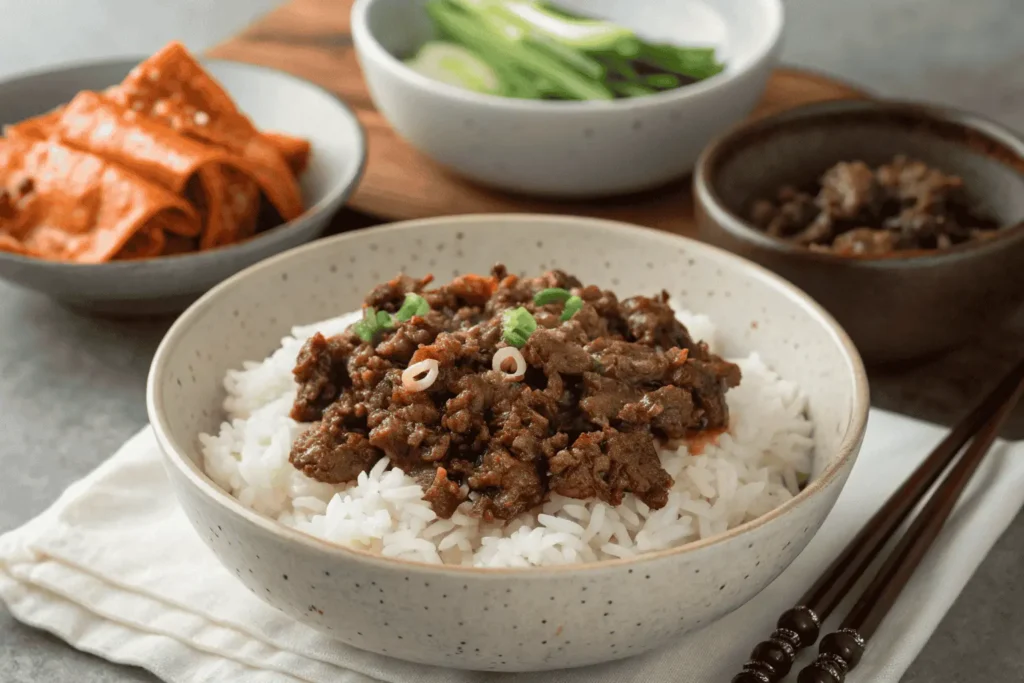 rresistible Korean ground beef bulgogi recipe served with rice and fresh garnishes for a quick and flavorful meal.