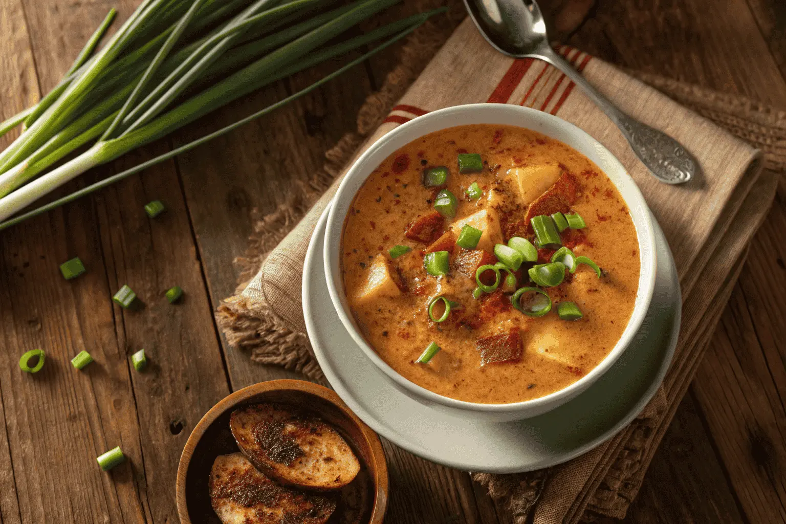 Bowl of delicious homemade cajun potato soup with toppings.