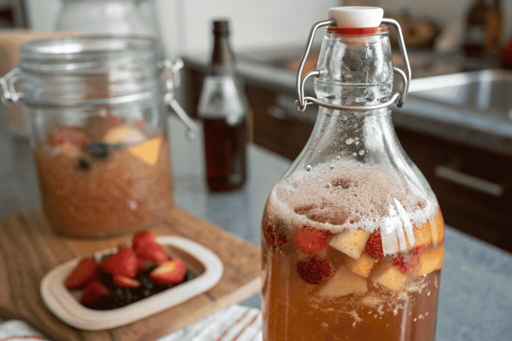 Kombucha recipe ingredients displayed on a wooden table.