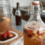 Kombucha recipe ingredients displayed on a wooden table.