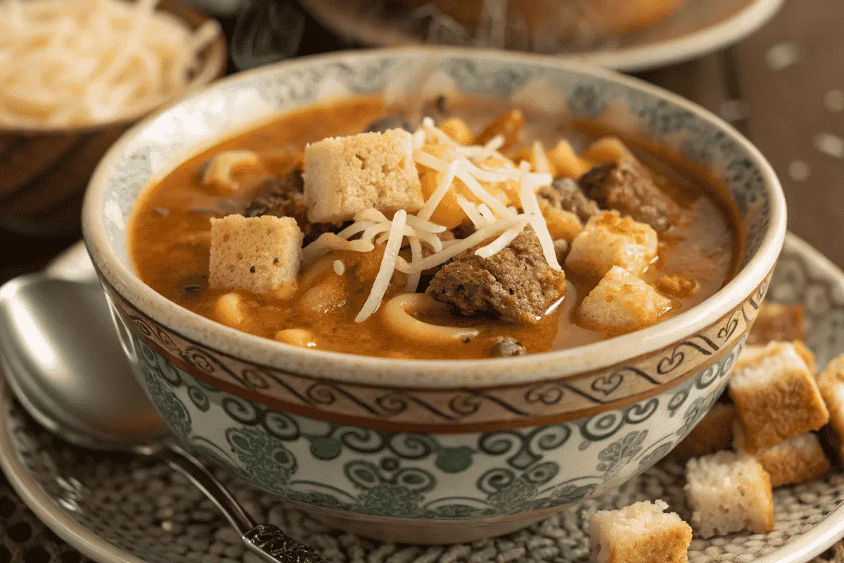 Bowl of cheeseburger macaroni soup garnished with green onions and croutons on a wooden table.