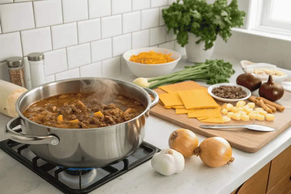 Close-up of cheeseburger macaroni soup being spooned from a pot, highlighting creamy broth and melted cheese.