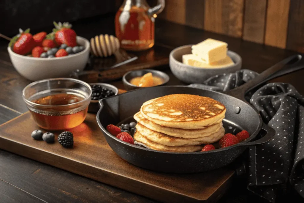 Golden CMS pancakes cooking on a skillet