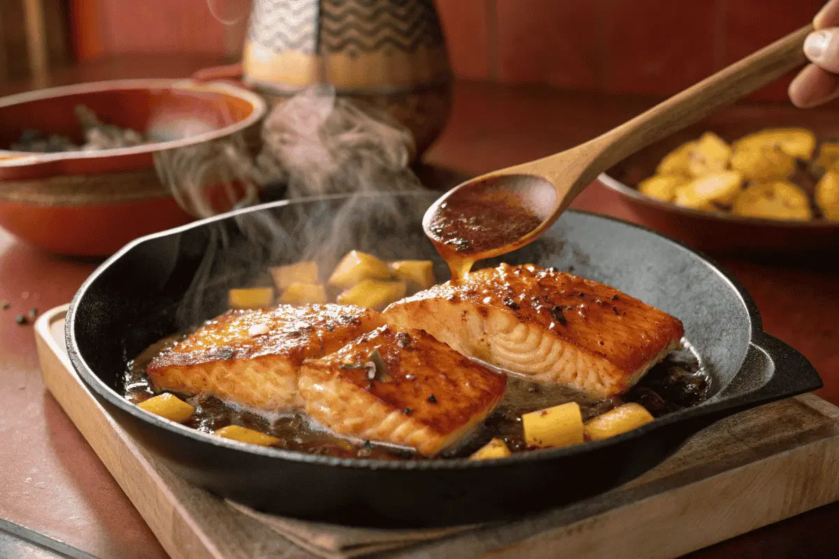 Salmon fillets cooking in honey pineapple glaze