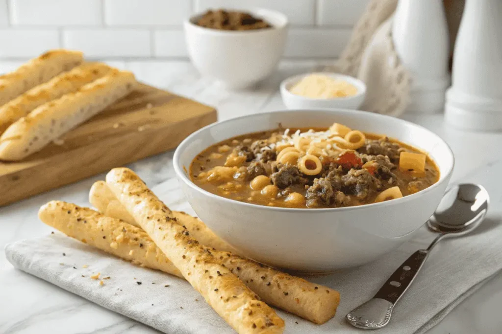 Cheeseburger macaroni soup in a bowl with garlic breadsticks, set against a modern kitchen backdrop.