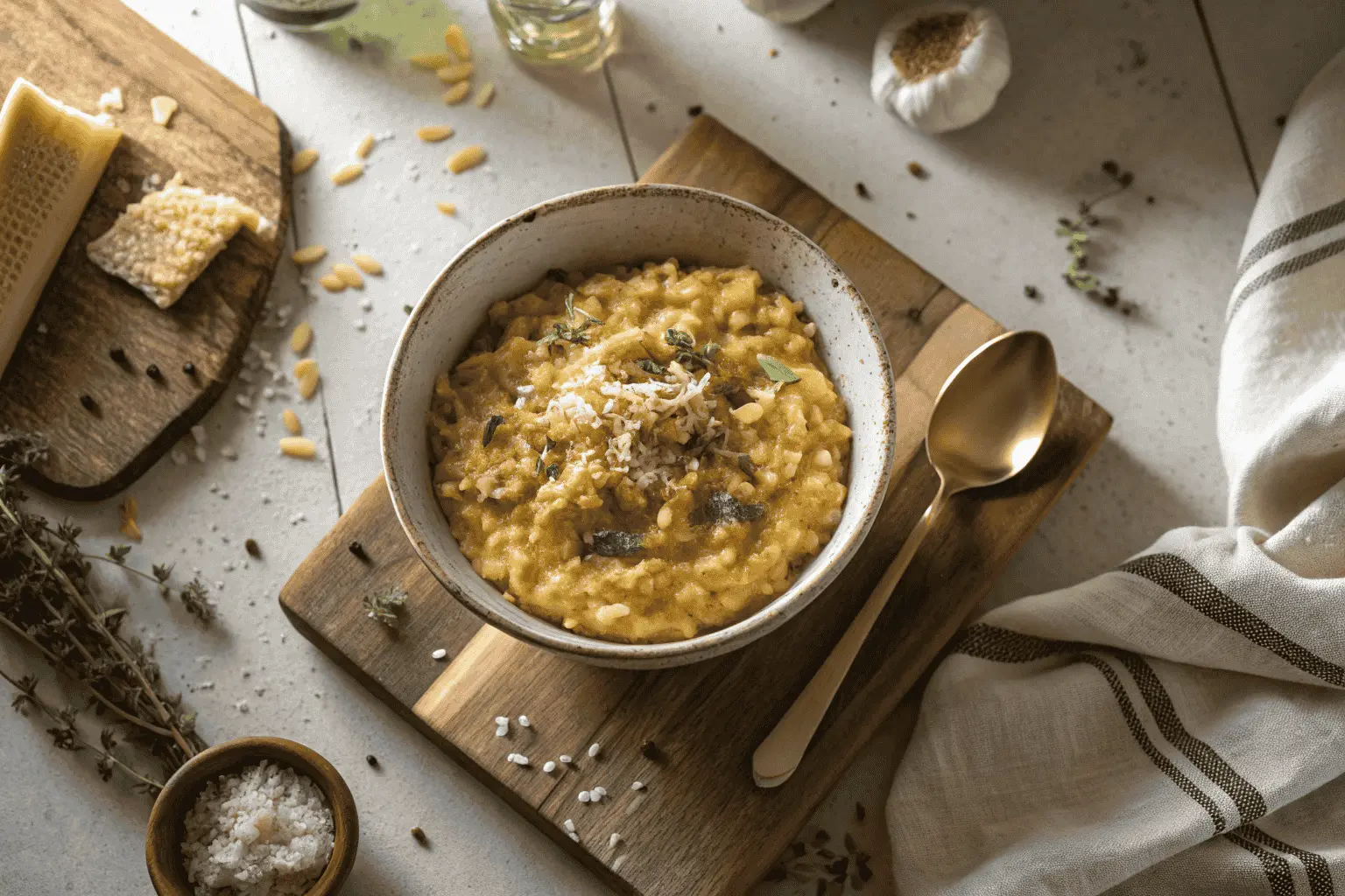 Plated risotto gluten free, ready to be served, showing its creamy texture.