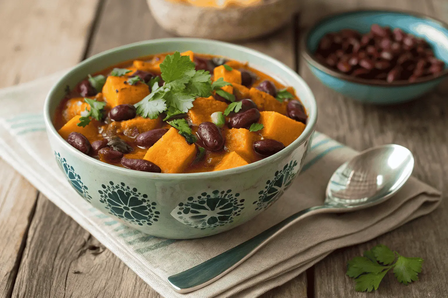 Delicious Squash and Kidney Beans Stew in a rustic bowl.