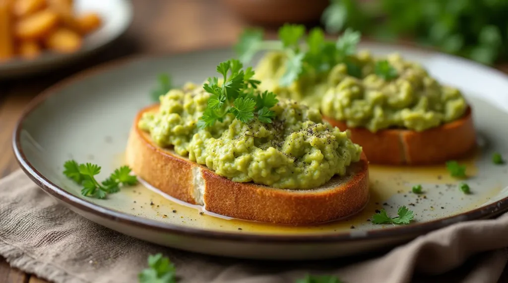 A vibrant plate of avocado toast topped with creamy cottage cheese, sprinkled with chili flakes and fresh herbs, served on a rustic wooden table with a side of lemon slices and a cup of coffee.