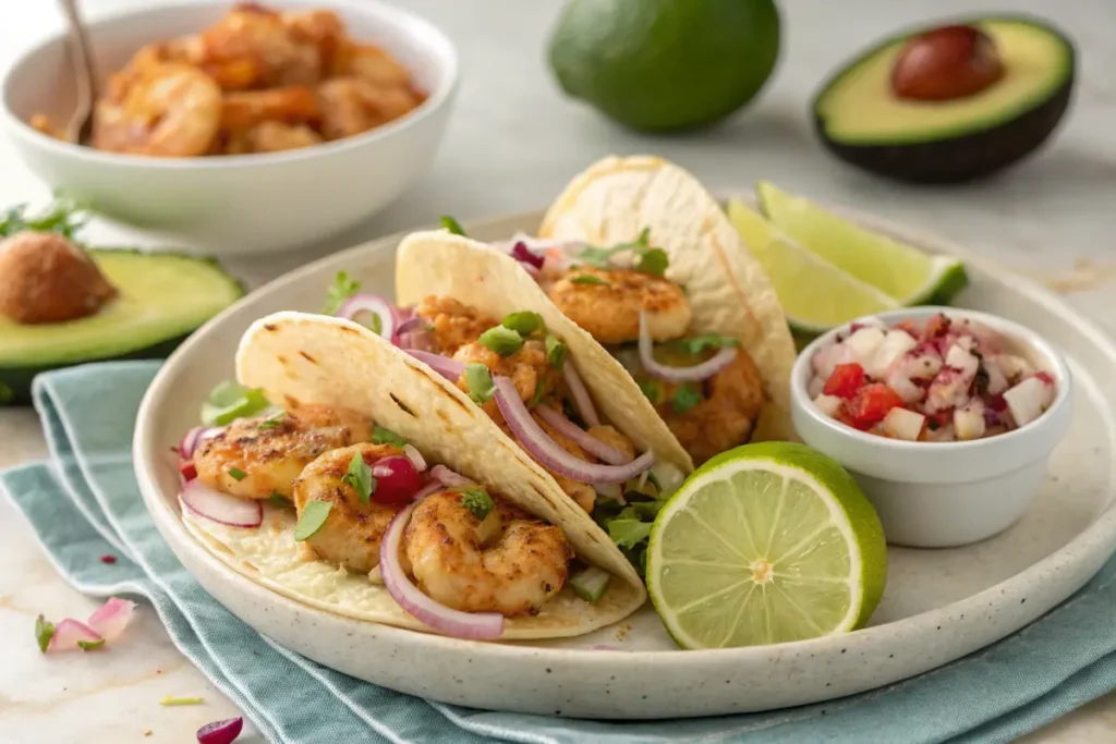 Plate of Baja shrimp tacos with crispy shrimp, tangy slaw, creamy sauce, and garnishes, served on warm tortillas with lime wedges.