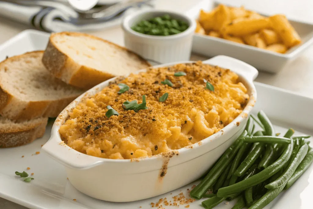 A cast-iron skillet filled with creamy, golden smoked mac and cheese, topped with a crispy breadcrumb crust and garnished with fresh herbs, sitting on a wooden table.