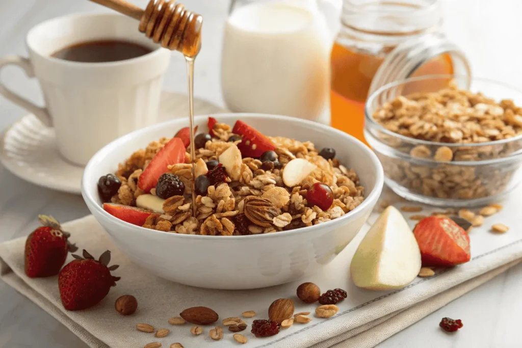 A glass jar filled with golden, crunchy vanilla nut granola surrounded by scattered nuts, oats, and a vanilla bean, with a wooden spoon resting nearby.