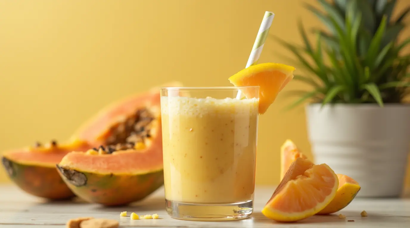 A tall glass of vibrant orange papaya-pineapple smoothie topped with a slice of fresh pineapple and a sprig of mint, surrounded by tropical fruits like papaya, pineapple, and lime on a bright, sunlit surface.