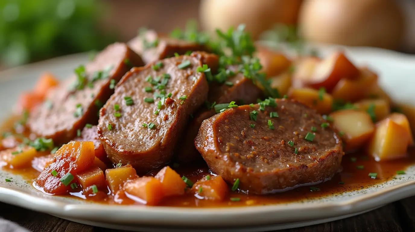 A succulent venison roast served on a rustic wooden platter, surrounded by roasted vegetables like carrots, potatoes, and onions, with a drizzle of rich brown gravy and a sprig of rosemary for garnish.