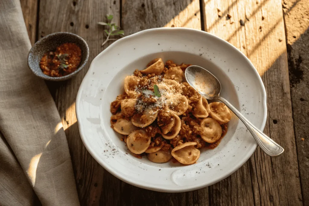 Plated orecchiette pugliese, ready to be served, highlighting its vibrant green vegetables.