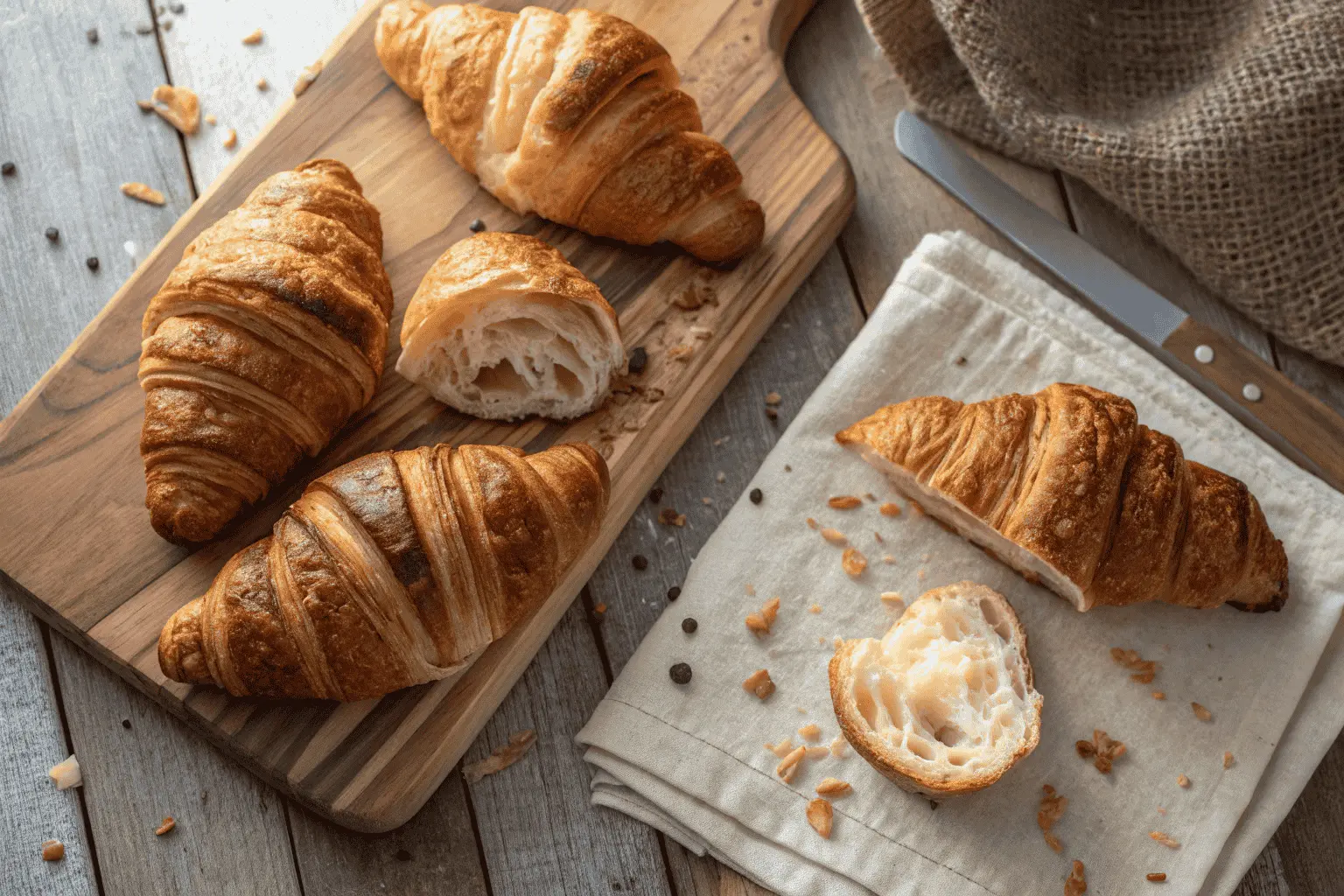 Freshly baked croissants, highlighting What is a common mistake in croissants ,in croissants in terms of lamination.