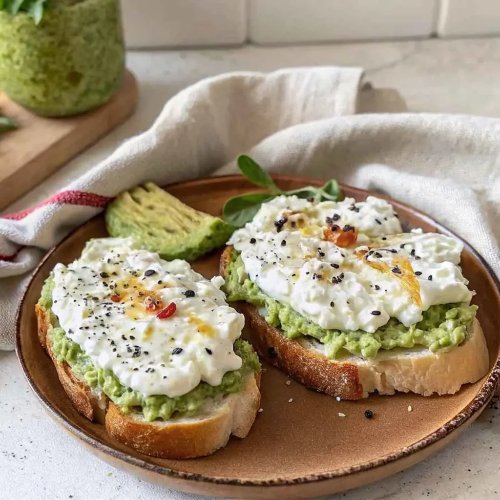 Avocado toast topped with creamy cottage cheese, drizzled with olive oil and sprinkled with black sesame seeds on a rustic plate.