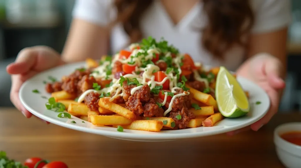 A vibrant plate of loaded taco salad fries, featuring crispy golden fries topped with seasoned ground beef, melted cheese, fresh lettuce, diced tomatoes, jalapeño slices, sour cream, guacamole, and a sprinkle of cilantro.