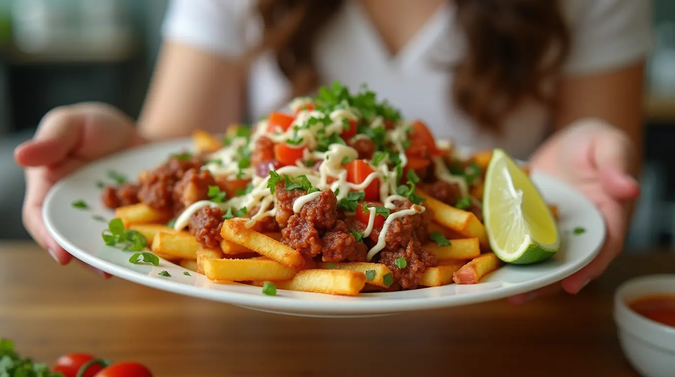 A vibrant plate of loaded taco salad fries, featuring crispy golden fries topped with seasoned ground beef, melted cheese, fresh lettuce, diced tomatoes, jalapeño slices, sour cream, guacamole, and a sprinkle of cilantro.