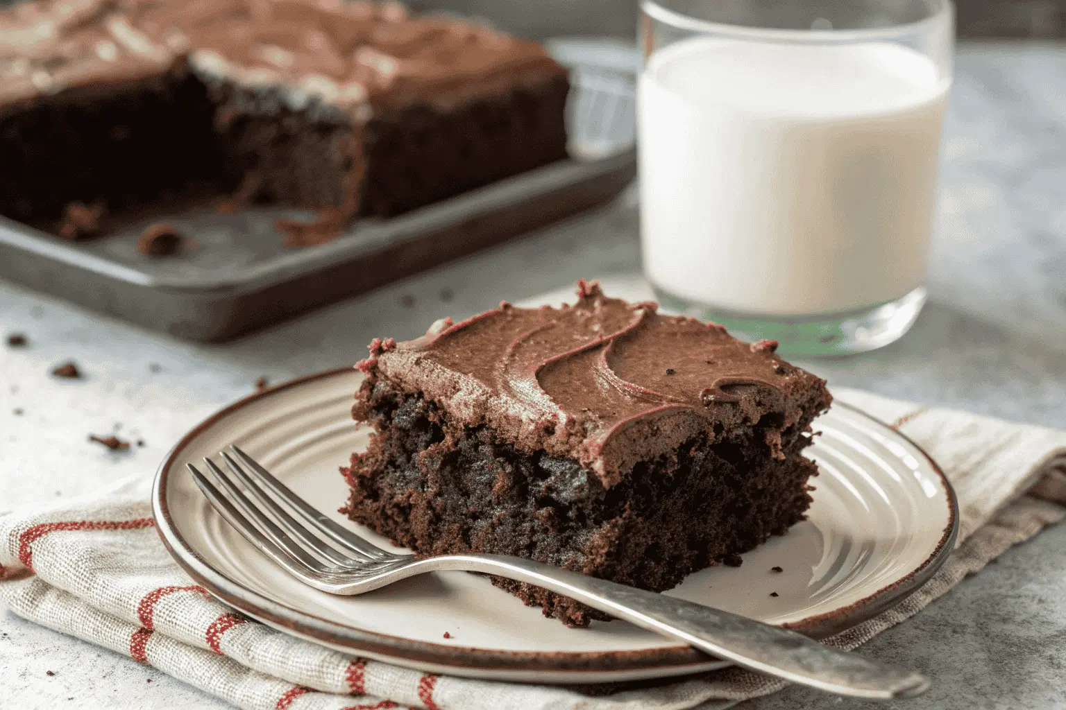 A delicious kefir sheet chocolate cake recipe with a rich chocolate frosting, ready to be served.