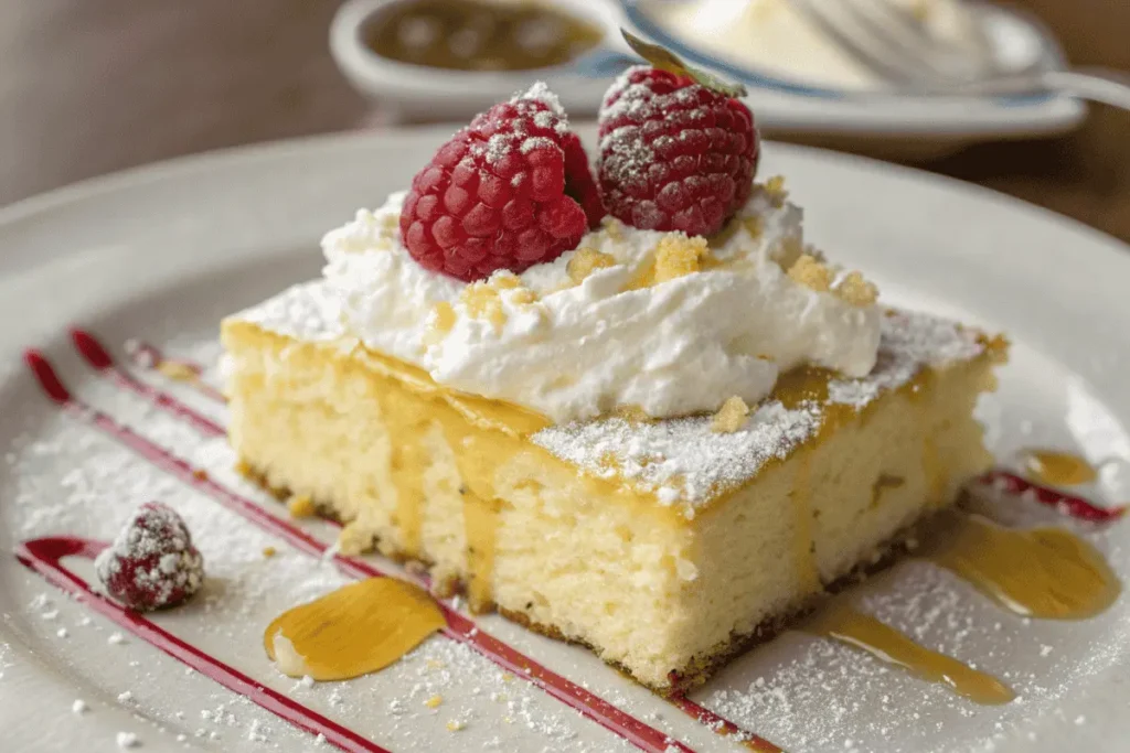 A slice of kefir sheet cake with cream cheese frosting, honey drizzle, and fresh raspberry