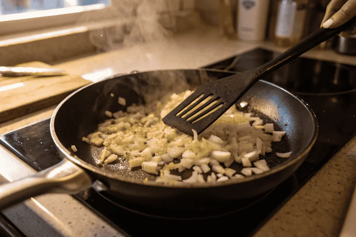 Sautéing onions and garlic for Turkish pasta.