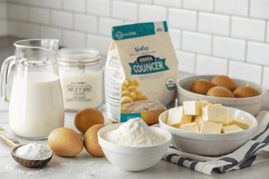 Key ingredients for homemade kefir sheet cake on a clean kitchen counter.